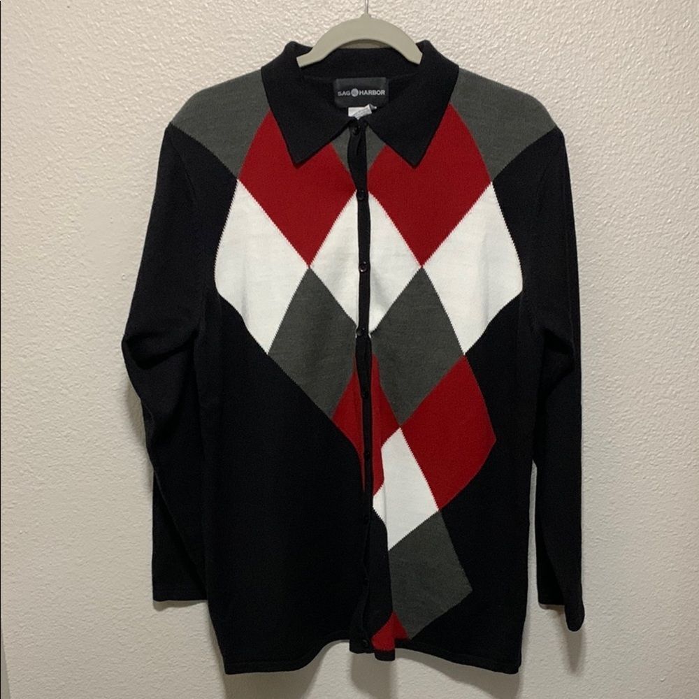 Sag Harbor Black and Red Cardigan Sweater with Geometric Design